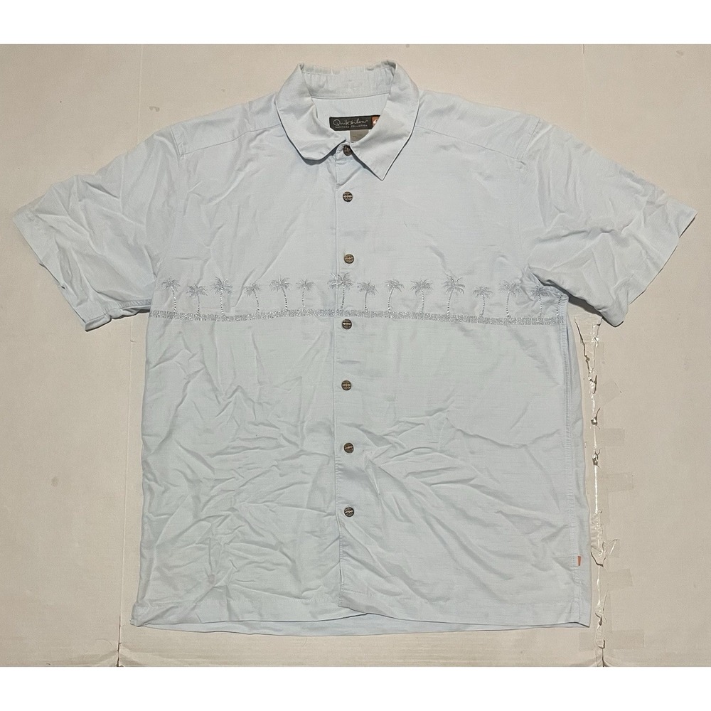 Quiksilver Waterman Shirt Men Medium Sky Blue Hawaiian Palm Tree Embroidered